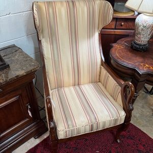 Chippendale Style Wingback Armchair with Striped Upholstery