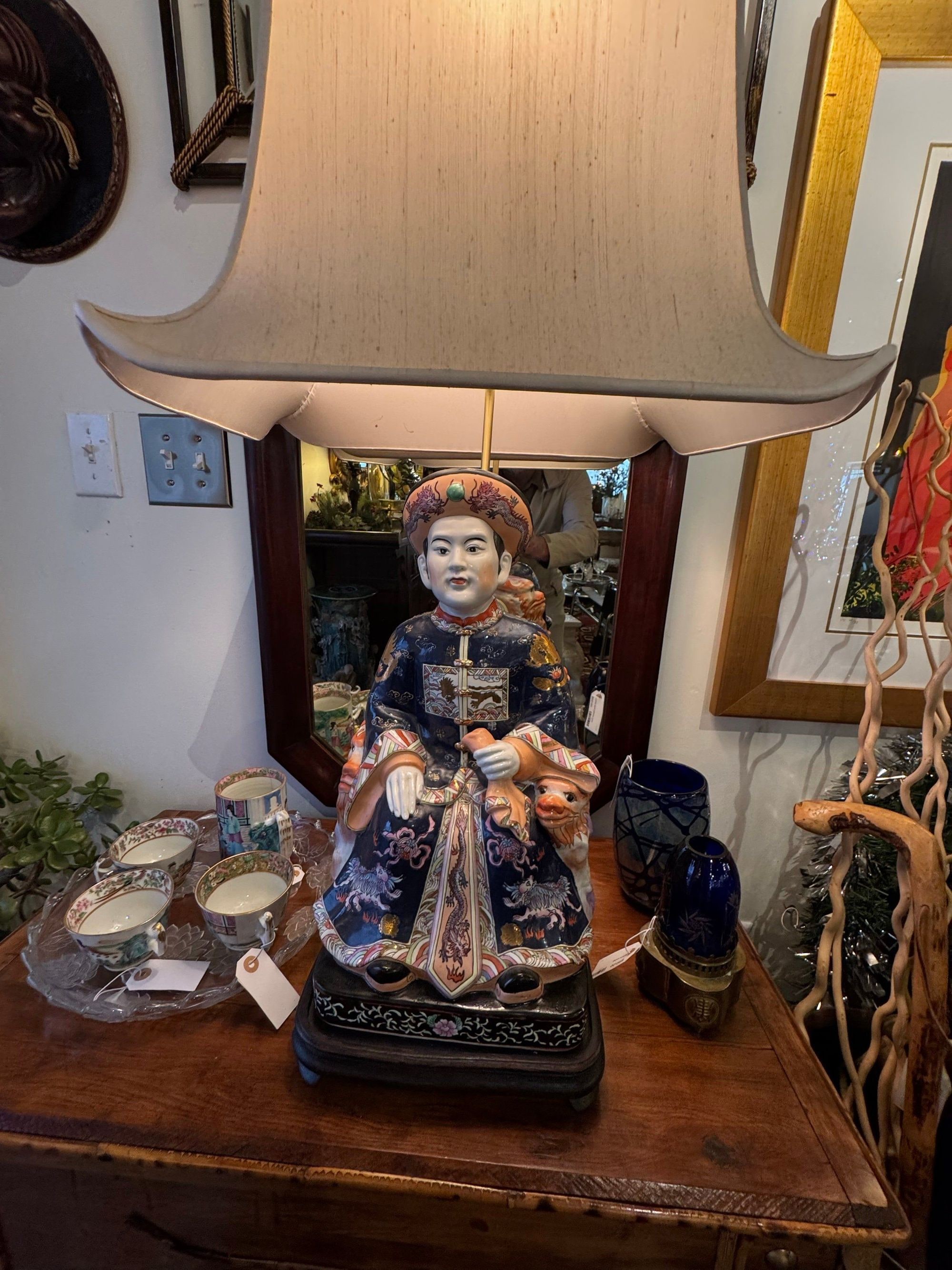 Vintage Chinese Famille Rose Emperor and Empress Figure Table Lamps