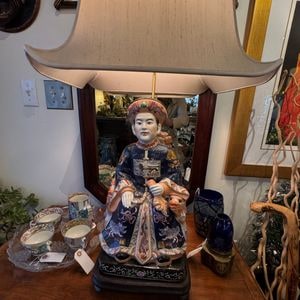 Vintage Chinese Famille Rose Emperor and Empress Figure Table Lamps