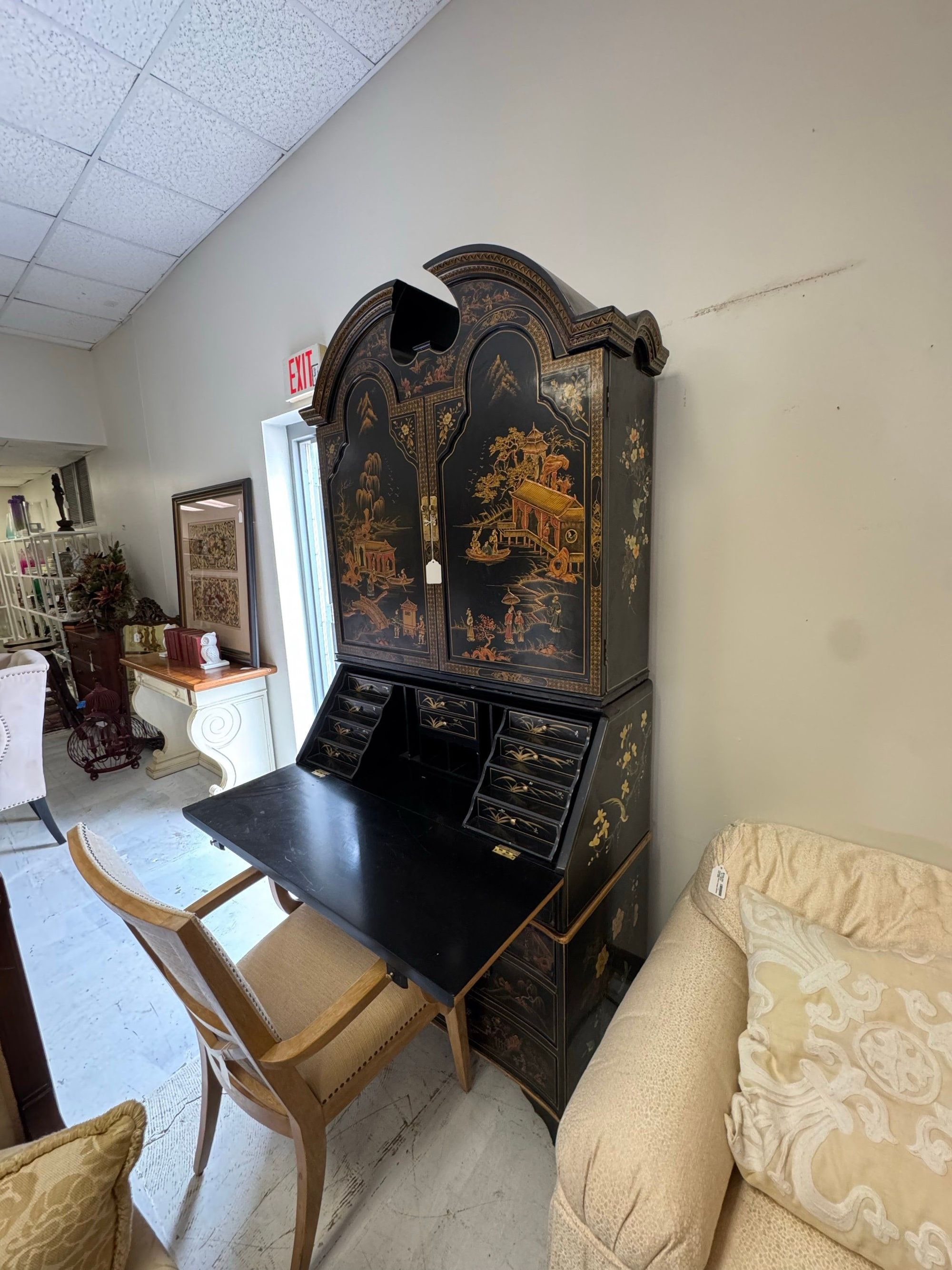 Black Lacquer Chinoiserie Secretary Desk with Bookcase Hutch
