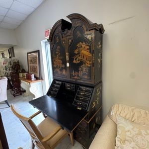 Black Lacquer Chinoiserie Secretary Desk with Bookcase Hutch