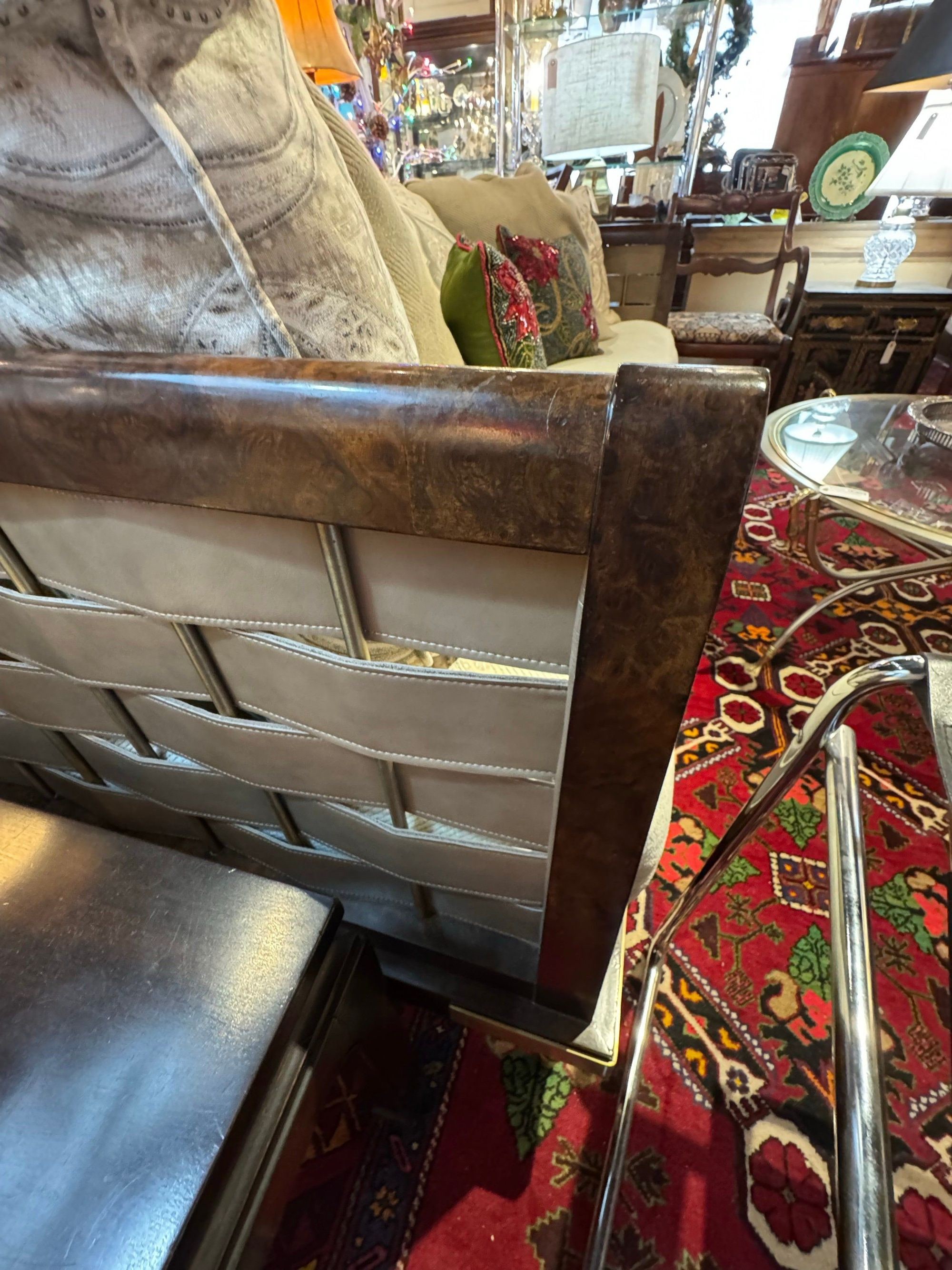 Burl Wood and Woven Leather Statement Sofa