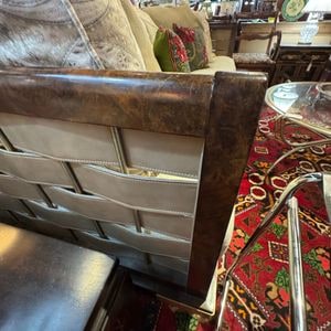 Burl Wood and Woven Leather Statement Sofa