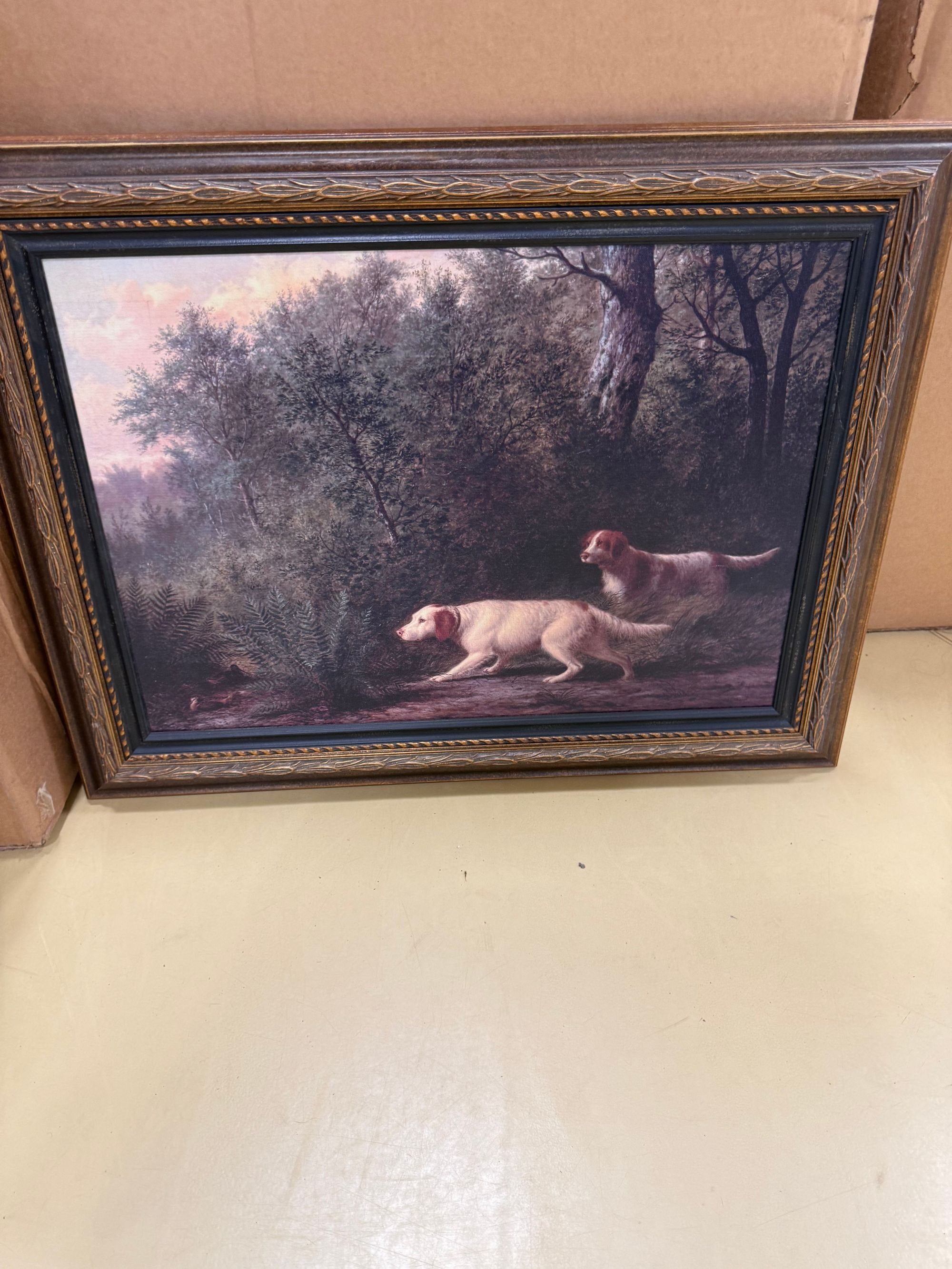 Framed Painting of Two Dogs in a Forest