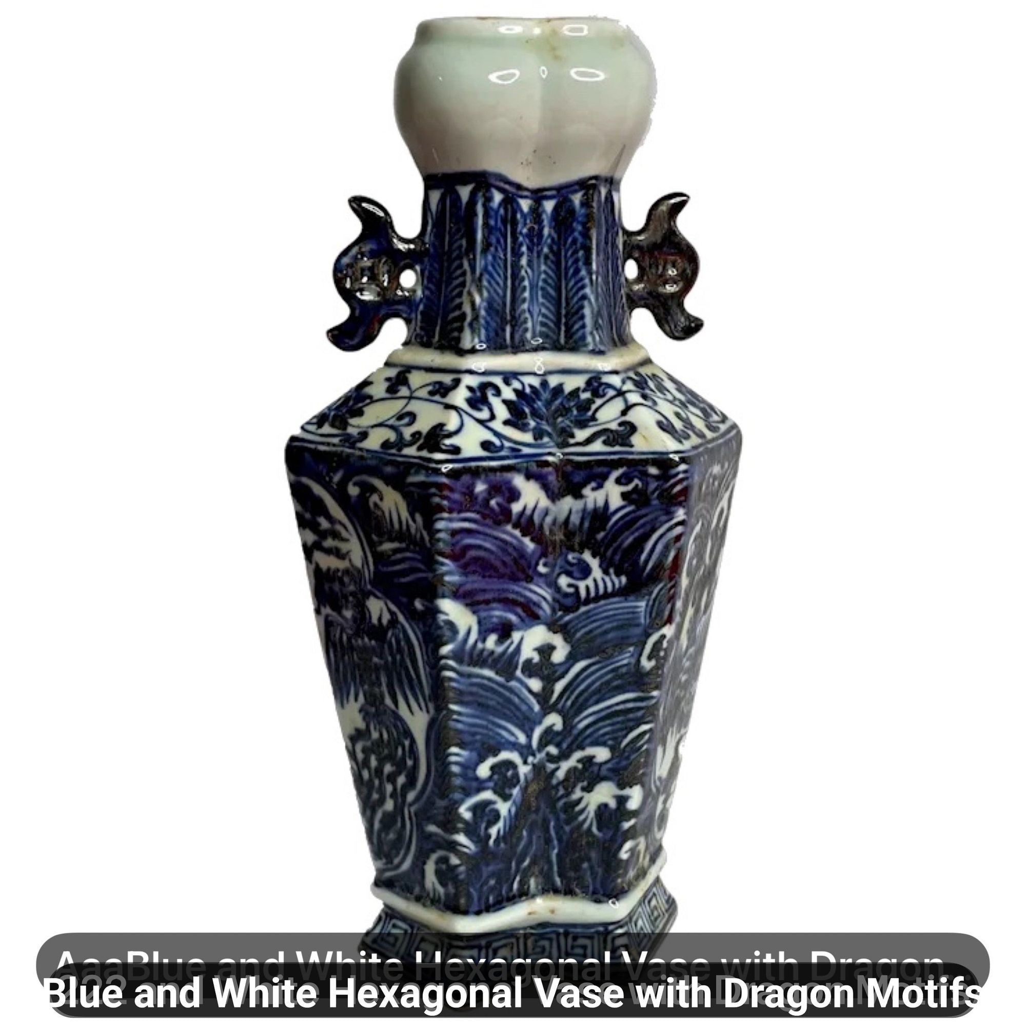 Blue and White Hexagonal Vase with Dragon Motifs