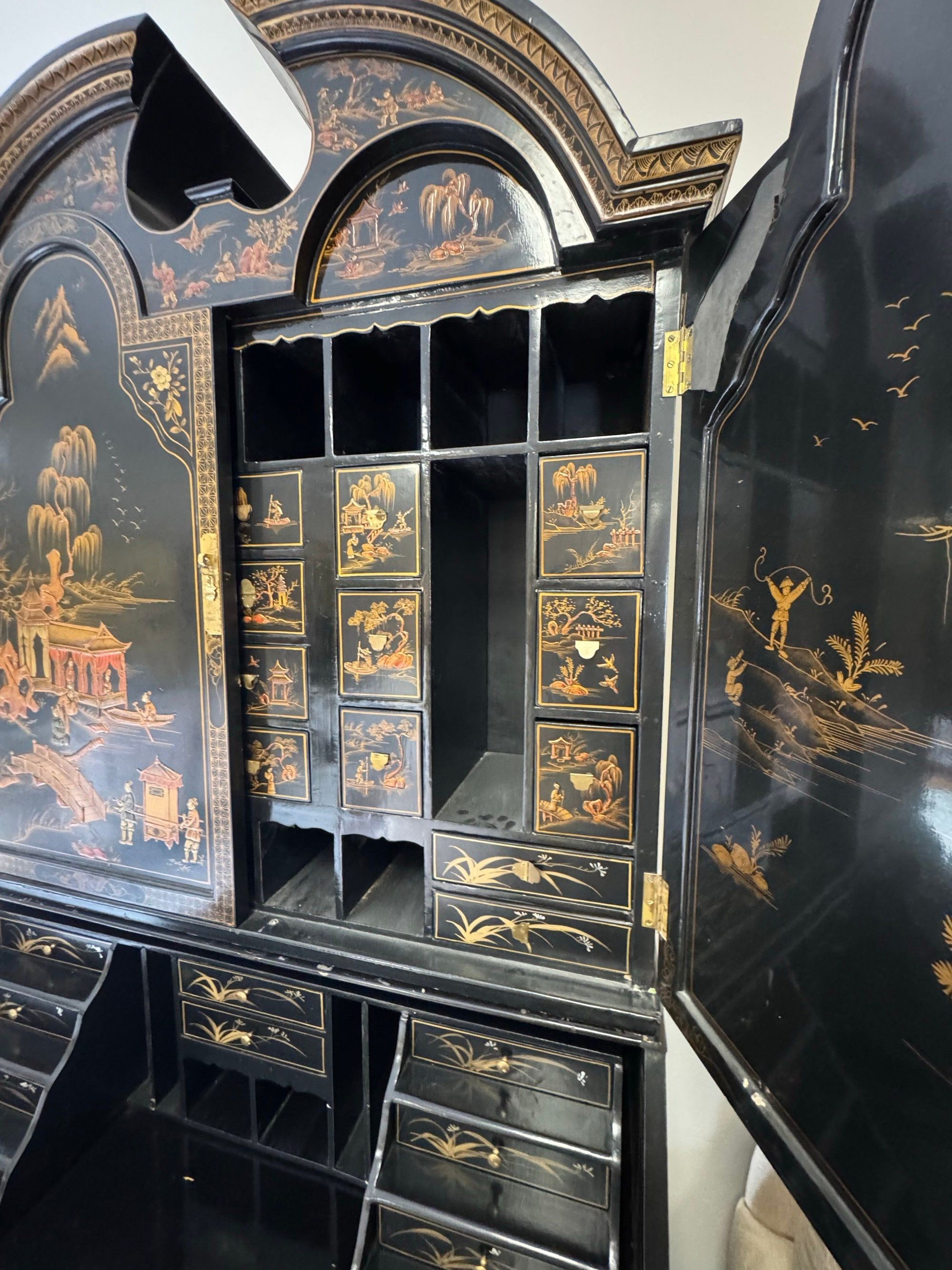 George II Style Black Lacquer Chinoiserie Secretary Desk Bookcase