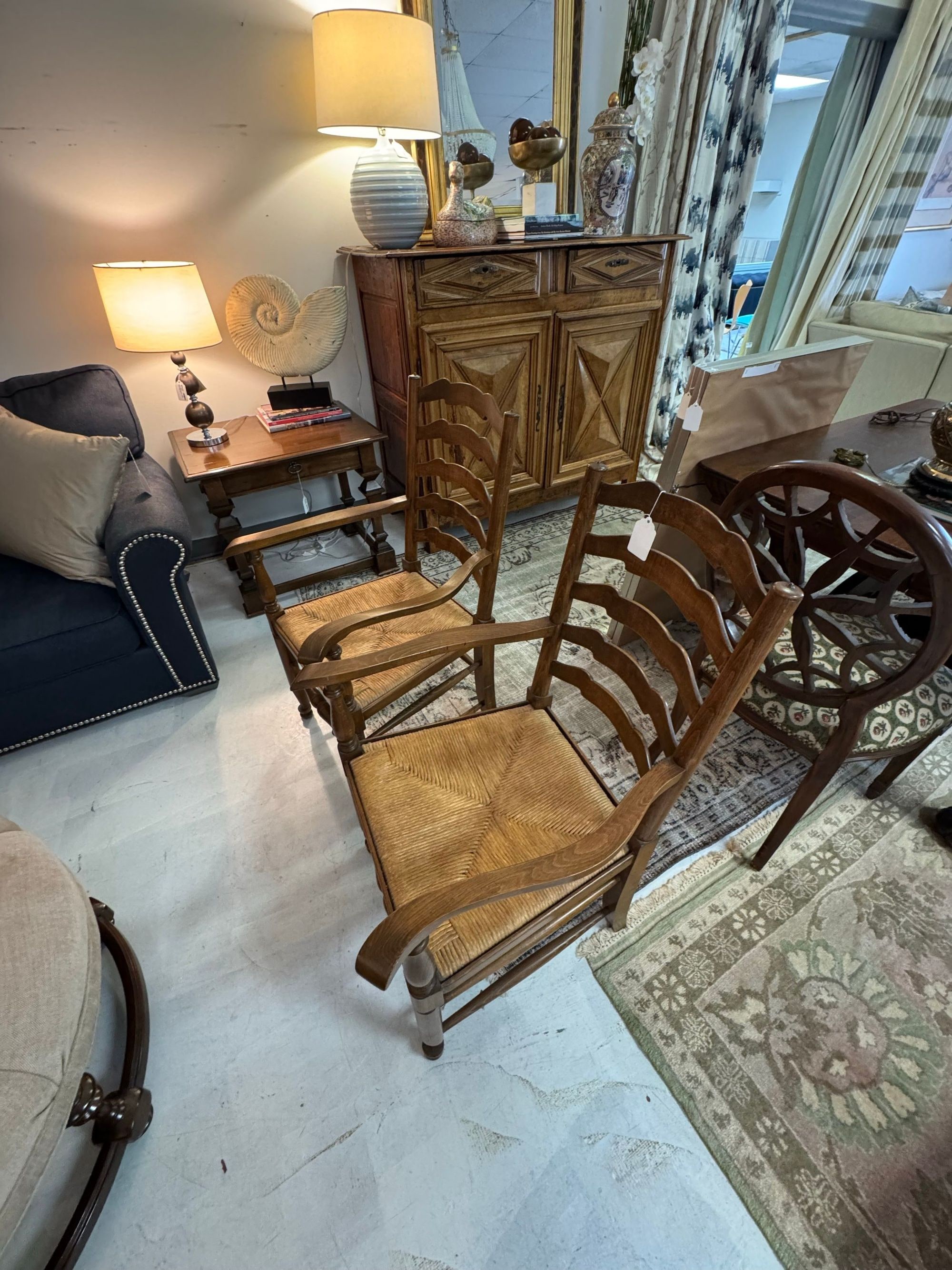 Set of Two French Country Ladder Back Armchairs with Rush Seats