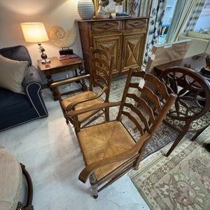 Set of Two French Country Ladder Back Armchairs with Rush Seats