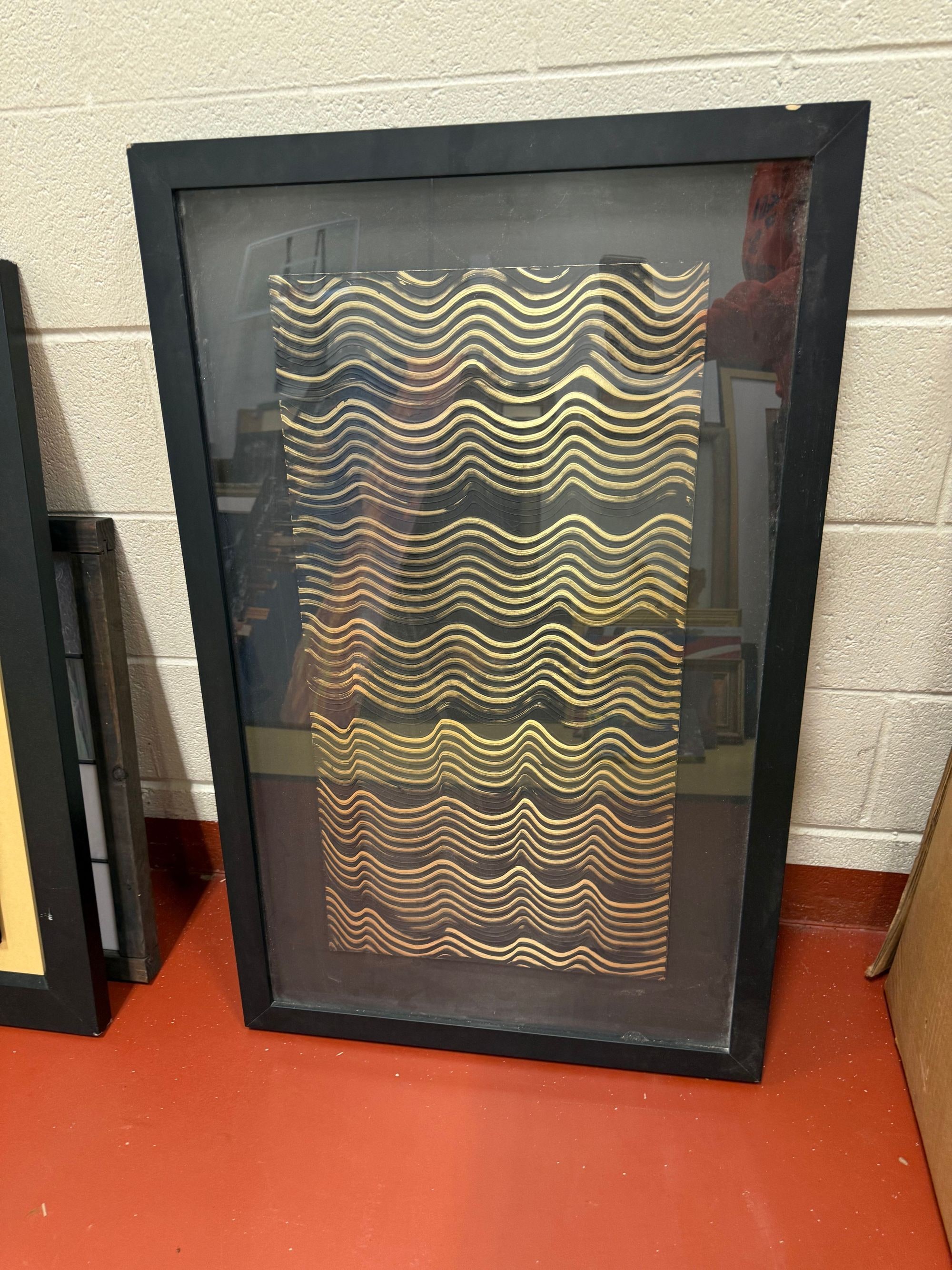 Framed Abstract Wave Art with Metallic Gold Finish